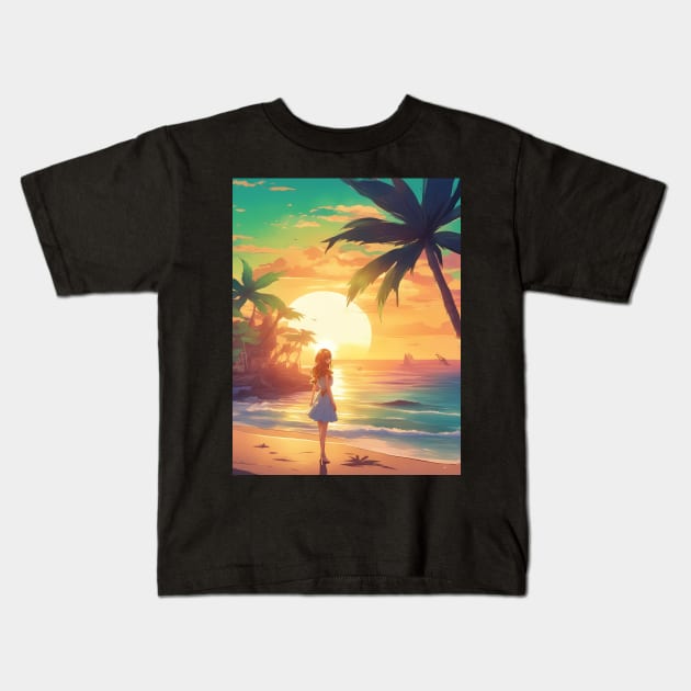 Hot Anime Girl Dream Sunset with Coconut Tree Kids T-Shirt by animegirlnft